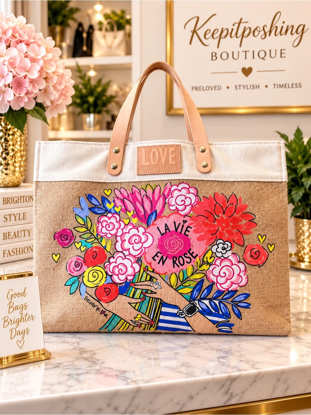 Brighton Floral Burlap Tote with Pink and Red Bouquet